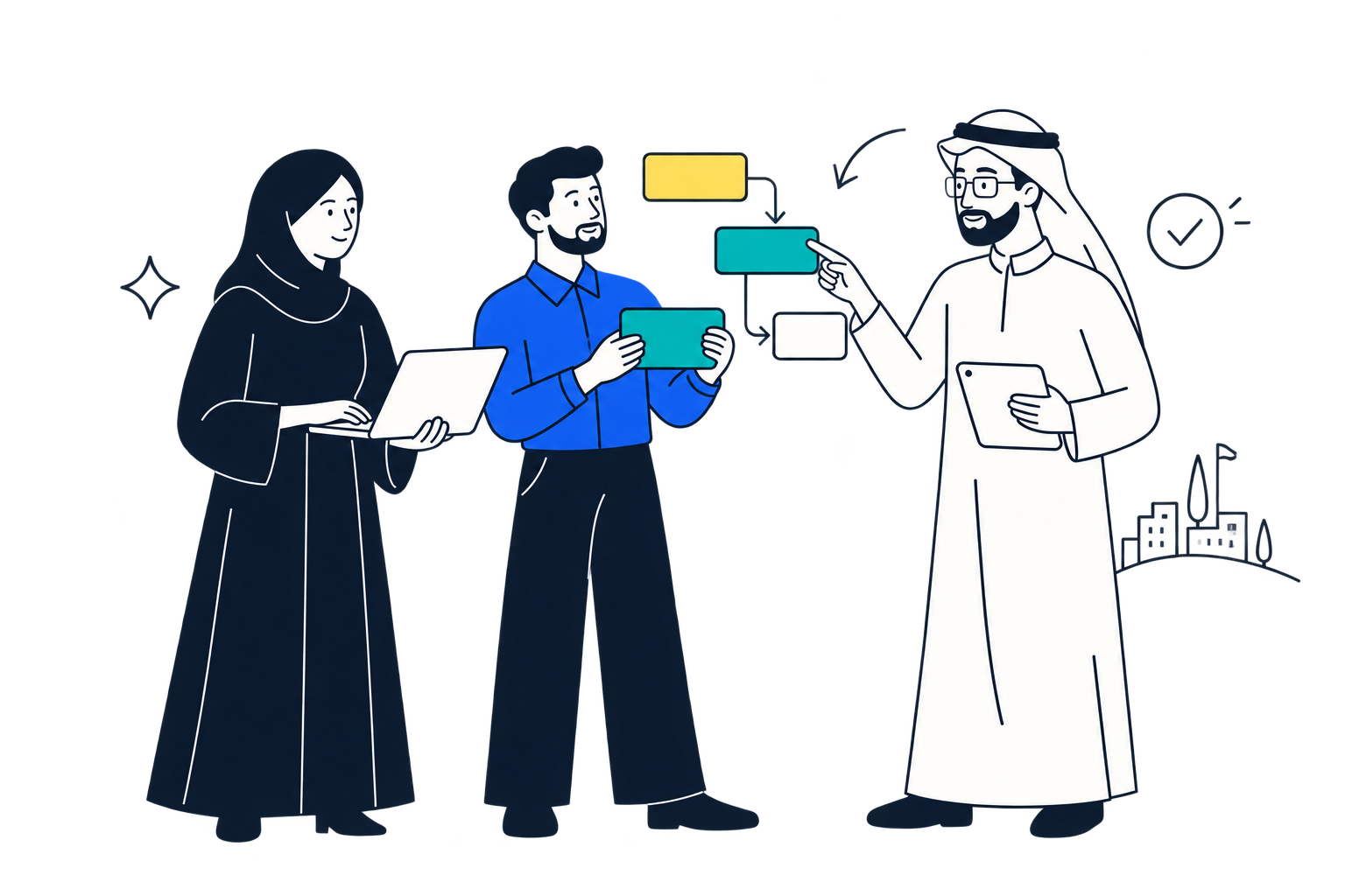 ثلاثة مهنيين عرب يتعاونون: امرأة بحجاب وعباءة واسعة، ورجل بلباس مهني حديث، ورجل بغترة وثوب كامل. رسم مسطح مع تلميح بسيط إلى تلال عمّان.